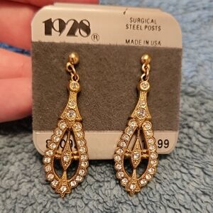 1928 Vintage Gold Tone Drop Earrings with Sparkling Accents, Mother's Day